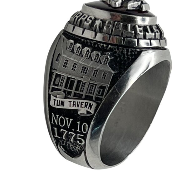 Balfour USMC Ring Red Stone BAL CEL Marines Sz 10 Iwo Jima Tun Tavern Silvertone - Picture 3 of 12